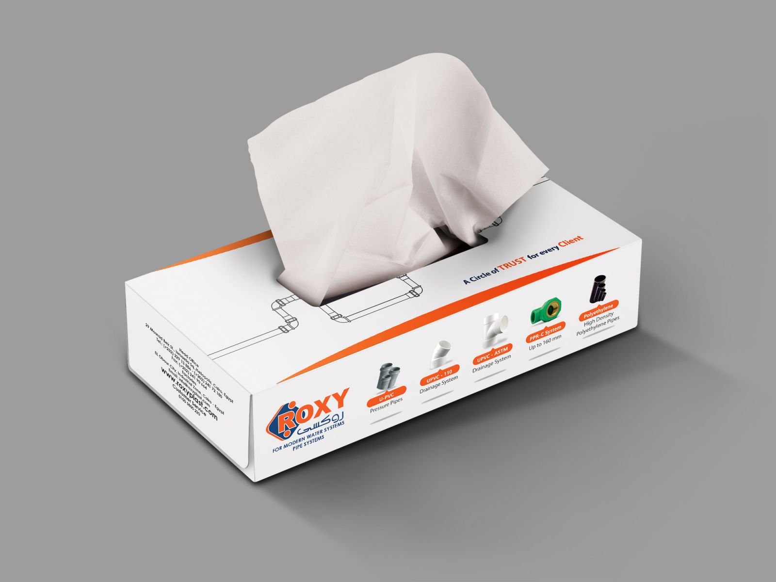 Roxy Plast Tissue Box Design & Packaging white showcase and mock up design