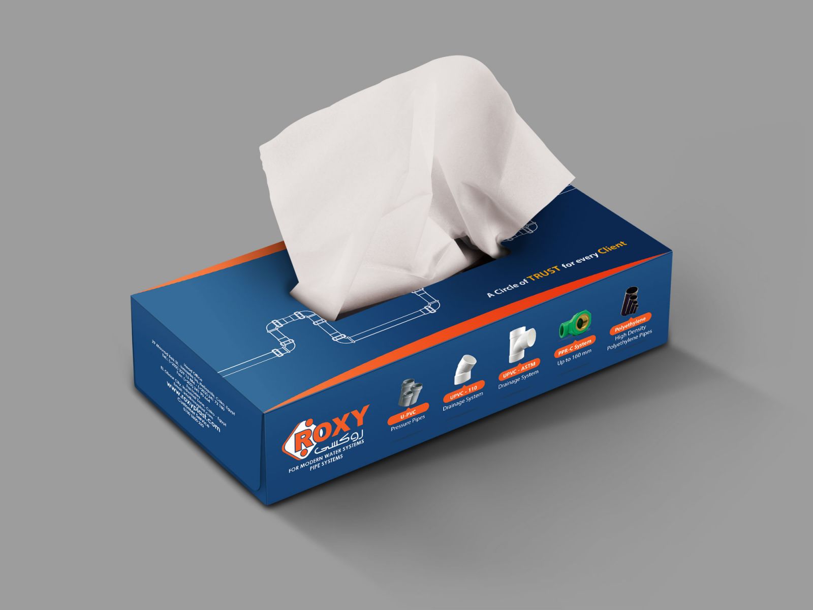 Roxy Plast Tissue Box Design & Packaging Blue showcase and mock up Tissue box design 